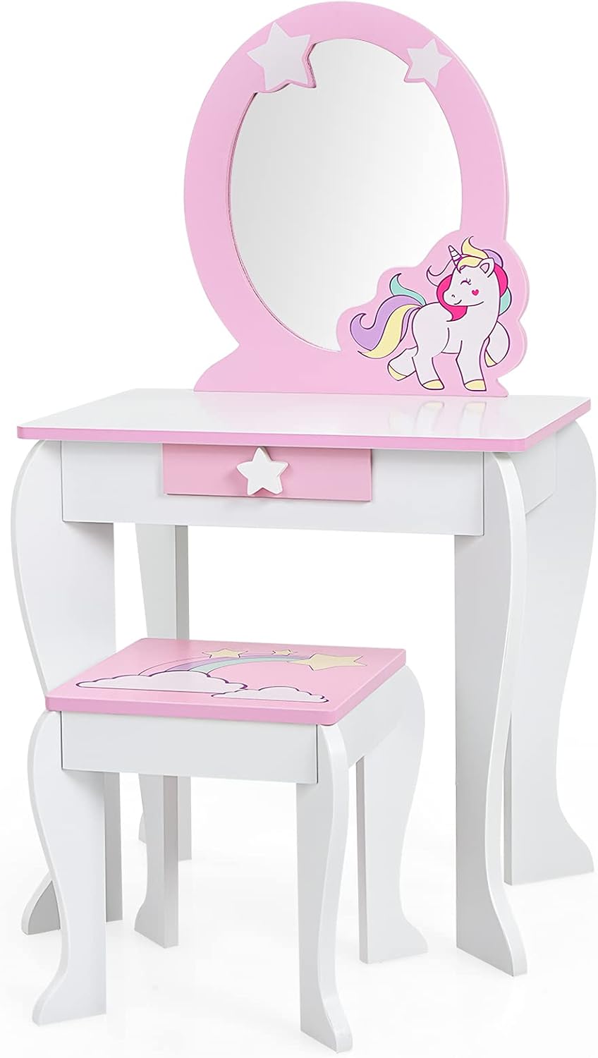 COSTWAY Children's Dressing Table with Stool, Pink Dressing Table