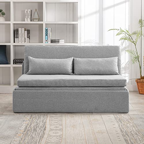 Image of BALUS 61 inch Queen Sleeper Sofa Bed Pull Out Couch with Pullout Beds, 2 in 1 Convertible Linen Loveseat Sofas Sleepers with Pillows, Tri-fold Mattress for Small Space Office Apartment Loft, Light Grey