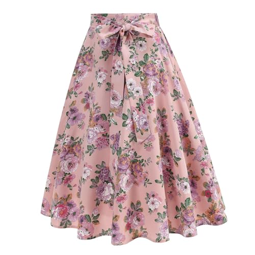 Women's Fashion Floral Print Elegant Midi Skirt, High Waist Tie-Up Bow Ruffle Hem A-Line Skirts Loose Comfy Party Clothes2