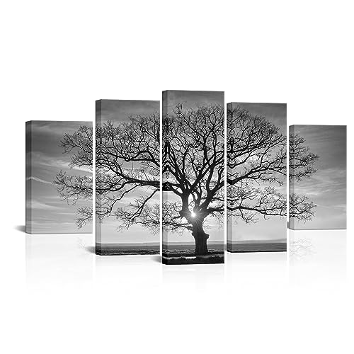 HOMEOART Black and White Tree Wall Art Nature Landscape Tree Picture Framed Canvas Prints Living Room Office Home Wall Decor 5 Panels