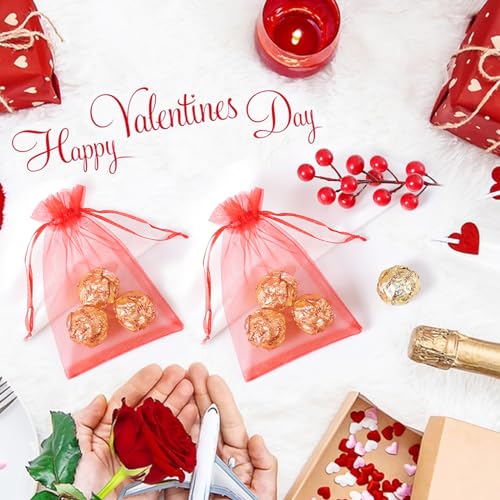 Image of Hopttreely 100pcs Organza Bags, 4 x 4.72 inches Red Christmas Wedding Favors Christmas Gift Drawstring Bags Jewelry Pouches
