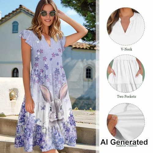 Image of Women's Casual Ruffle Sleeve Dress V Neck Pullover Dress Flowy A-Line Pleated Lightweight Dress with Pockets