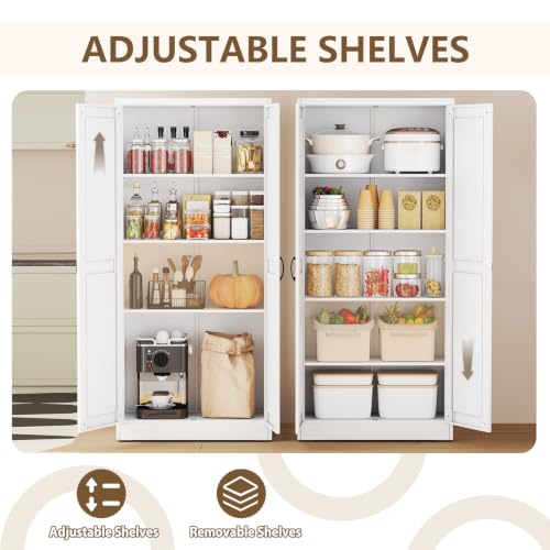Image of White Metal Storage Cabinet, 71 inch Kitchen Pantry Cabinets for Office
