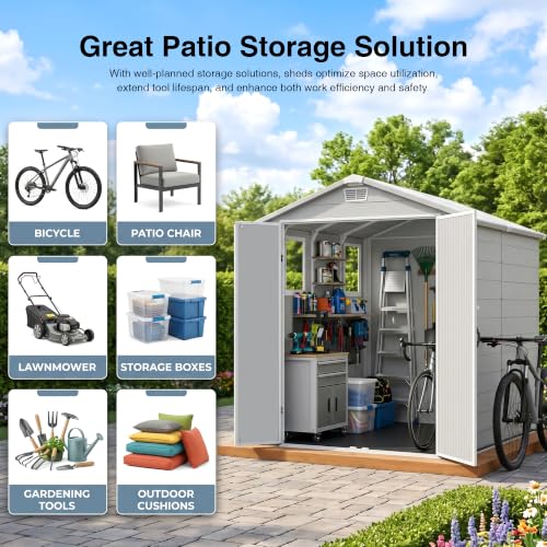 Image of Devoko 6x8 FT Resin Outdoor Storage Shed with Floor, Plastic Garden Shed | Waterproof Tool Storage Shed with Lockable Door and with Window for Backyard, Patio, Lawn, Light Gray