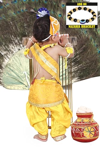 Image of Krishna Dress for Kids, Baby Krishna Dress for Janmashtami with Krishna Mukut, Peacock Feather & Flute Embroidered Krishna Costume for Girl & Boy, 3 Months-8 Years