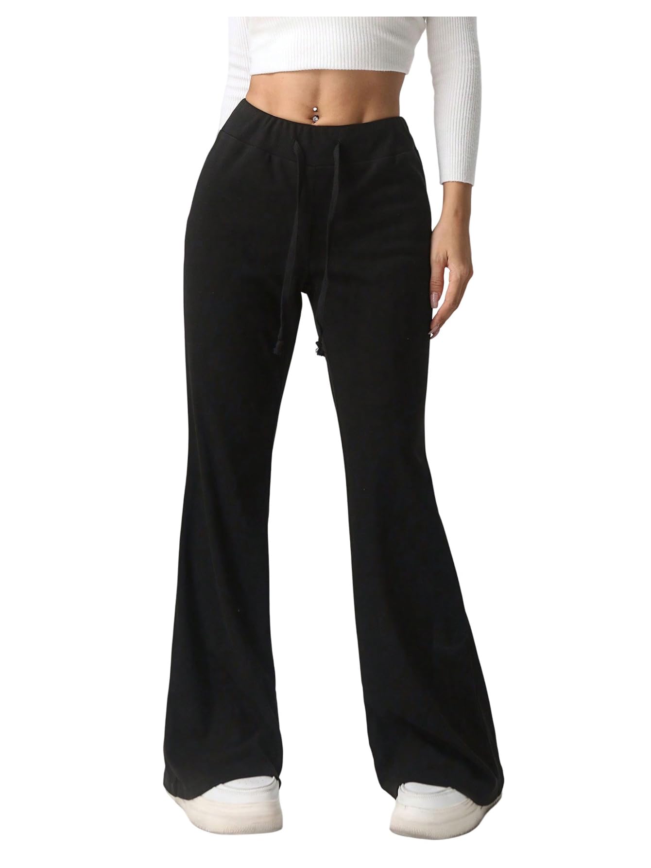 Womens Drawstring Waisted Bell Bottoms Mid Rise Flare Leggings Fitted Pants