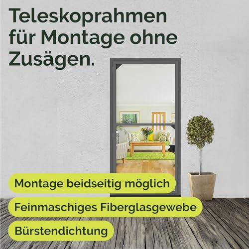 Nematek Insektenschutz Tür Teleskoprahmen - schmale Fliegengitter Tür mit Rahmen für Balkon & Terrasse - 100 x 210 cm teleskopierbare Fliegengitter Tür in anthrazit - Montage erfolgt ohne Zusägen