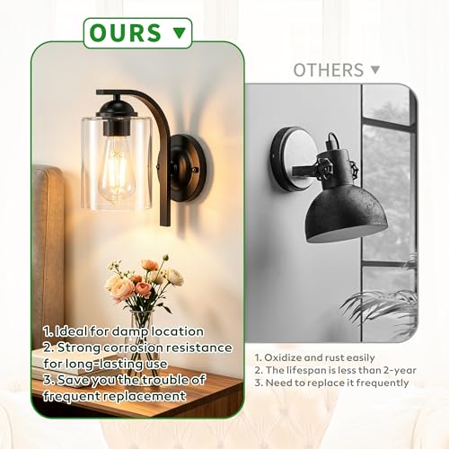 Image of 2-Pack Wall Sconces Lights Lamp for Bedroom Bathroom, Modern Vanity Light Fixtures, Black Farmhouse Wall Mount Lighting Lanterns with Clear Glass Shade for Living Room Mirror Hallway Kitchen