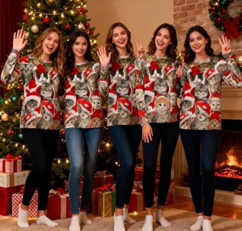 RAISEVERN All-Over Santa Hat Kittens Christmas Sweatshirt - Image 3