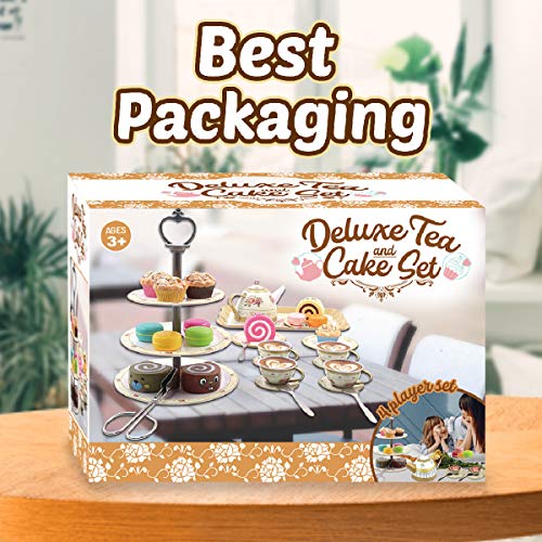 Cheffun Tea Set For Little Girls - Tea Party Pretend Play Kitchen Set Sweet Princess Accessories Plastic Tea Cups Dishes Play Food Macaroons Cake Set Stands Play Set For Toddlers Kids Ages 3 4 5 6 7+ #TOP6