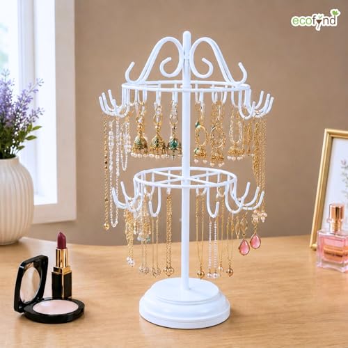 Image of ecofynd 2-Tier Metal Jewelry Organizer Stand with 40 Hooks, 360 Rotating 20-Inch Holder for Earrings, Necklaces, Bracelets & Rings, Space-Saving Display for Vanity & Dressing Table (White, JS013)