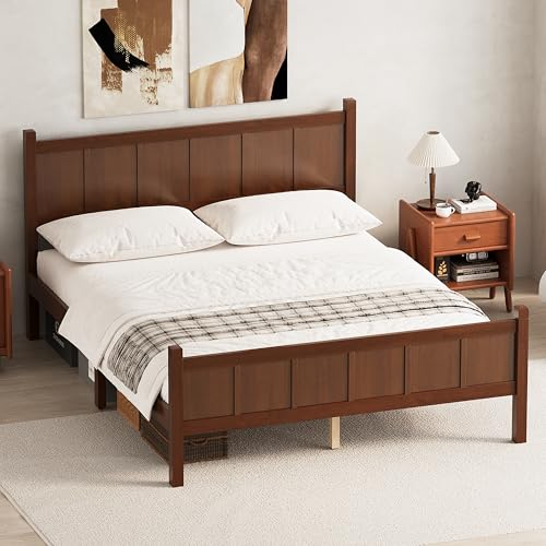 Image of Queen Size Vintage Bed Frame with Headboard, Farmhouse Wooden Platform Bed with Under-Bed Storage, Minimalist Modern Wood Grain Finish Bedframe for Bedroom (Dark Walnut)