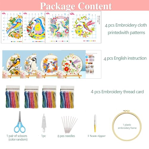 Image of Zhenqing 4 Pack Bird Cross Stitch Kit for Adults & Beginners, 11CT Stamped Cross Stitch Set with Hoop, Hummingbird, Penguin & Songbird Designs, DIY Embroidery Kit Home Decor Gift(70361)