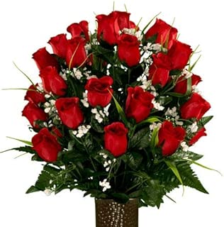 Sympathy Silks Artificial Cemetery Flowers - Realistic - Outdoor Grave Decorations - Non-Bleed Colors, and Easy Fit - Red Rose with Lily Grass - with Flower Holder - coolthings.us