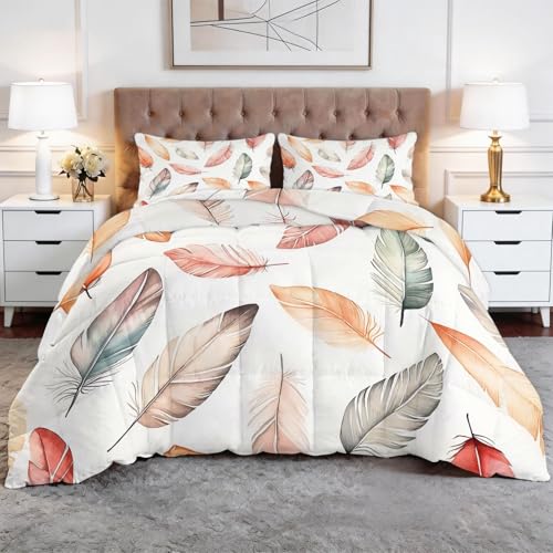 XCQHZYQ Edredón Nórdico Reversible Acuarela Pluma Blanco, Edredón Relleno Nórdico Cama 105 180x220 cm, 4 Estaciones Acolchado Estampado 3D Suave y Ligero con 2 Fundas de Almohada