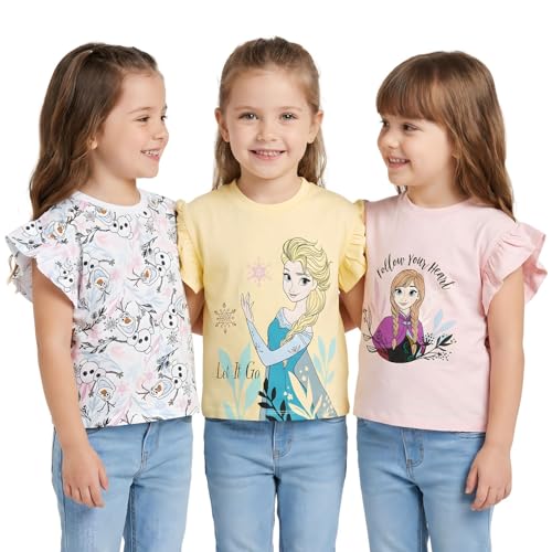 Disney La Reine des Neiges Lot de 3 t-shirts pour filles | T-shirts Princesse Anna et Elsa | 100 % coton | Manches courtes de 2 à 10 ans, Multicolore, 7-8 ans