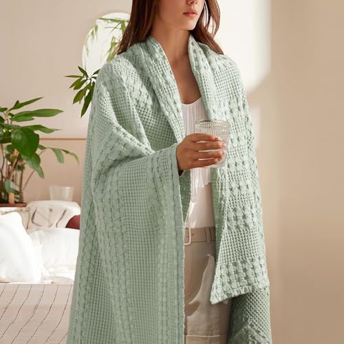 Image of PHF 100% Cotton Waffle Throw Blanket for Couch, Lightweight Breathable and Soft for Summer, Luxury Aesthetic Waffle Weave Blanket for Home Decor & Office, Gifts for Women, 50 inchx60 inch, Mint Green