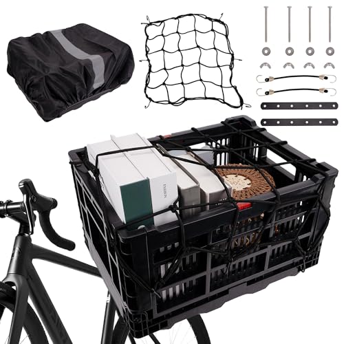 RidingRush Bike Basket Rear Folding Large Capacity Bicycle Storage Basket with Waterproof Cover Collapsible Bike Milk Crate for Shopping Outings and Pet Transport Great for E-Bikes Black