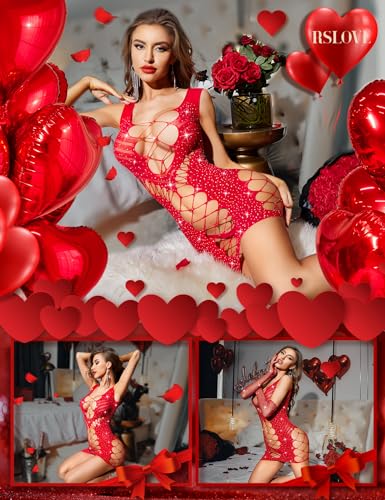 Rslove Womens Lingerie Fishnet Mesh Chemise Babydoll Bodysuit Rhinestone Studded Cut-Out Dress One Size Red thumb #2