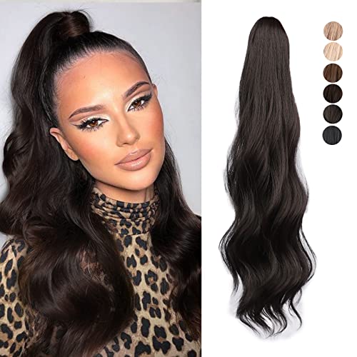 LUNDEREN Ponytail Extensions Claw Clip Ponytail Extensions Long Wavy Ponytail Extensions for Women 22 Inch Synthetic Clip in Ponytail Fluffy Soft Daily Use (Black Brown)