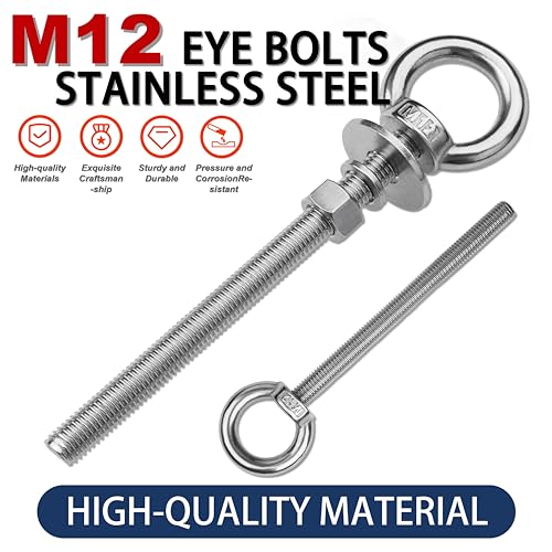 Image of 4 Pack M12 Stainless Steel Eye Bolts with Nuts, 1 /2 inch x 6 inch Eye Bolts | 304 Stainless Steel Eye Bolt,Eye Bolts Heavy Duty for Hang Tie Down Outdoor,1 /2 eye bolts with nuts,m12 eye bolts