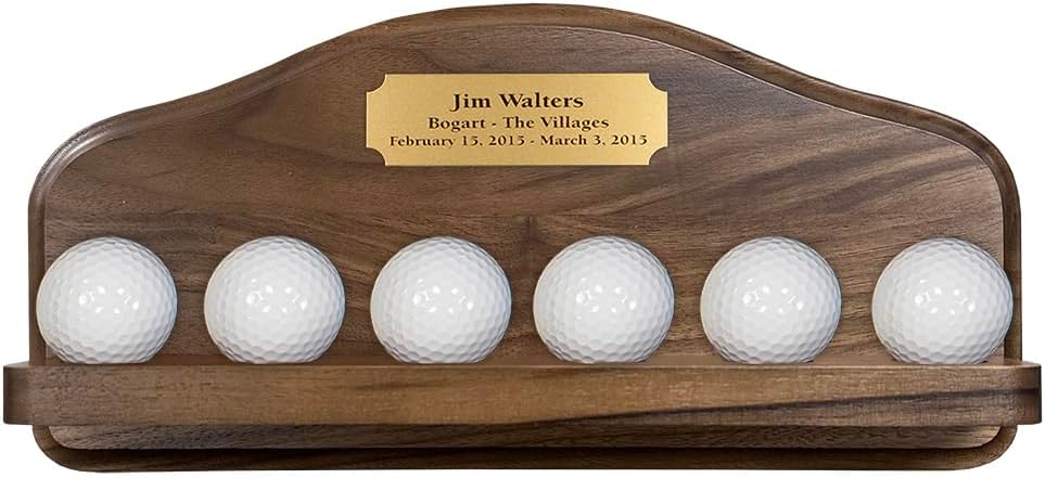 Golf Ball Display with Engraved Plate | Holds 6 Golf Balls | Solid Wood | Made in USA | Three Color Options