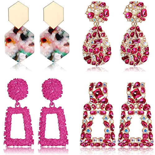 ADRAMATA 4 Paires Clip Boucle d'Oreille Femme Strass Boucles d'Oreilles Pendantes Clip Grand Rectangle Goutte Boucles d'Oreilles Géométrique Gemme Strass Fantaisie Boucle d'Oreille Faux Non Percées