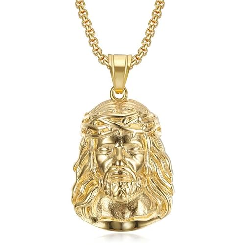 Fanshu Stainless Steel Jesus Charm Pendant Gold Human Face of Christ God Hip Hop Collar Chains Necklace for Men Women Couple Boy Girl Friends Christians Gift Fashion Jewelry