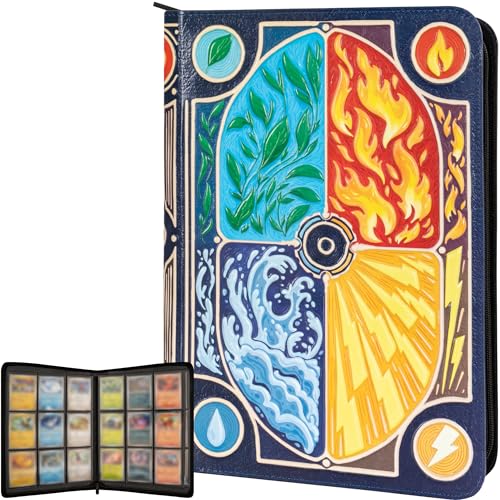 3D Album Cartas para Pokemon - Diseño 3D Elemental en Relieve en Cuero PU. Archivador Cartas con Cremallera e 9 Bolsillo para 360 tarjetas. Card Binder/Album para Cartas Pokemon Grande