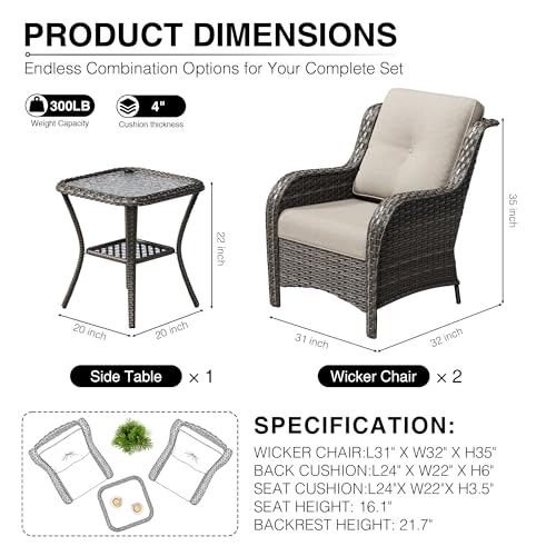 Image of Joyside 3 Piece Wicker Patio Furniture Set, Rattan Patio Chairs with High Back, Deep Seating, Wide Armrest, Thickened Cushions, Outdoor Furniture for Deck, Porch Use