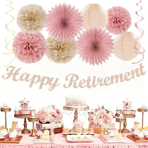 Image of Blush Pink Rose Gold Happy Retirement Banner Party Decorations Burgleda