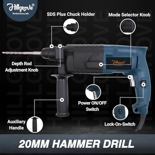 Image of Hillgrove HGCM488M1 All Purpose 20mm Hammer Impact Drill Machine Forward /Reverse Rotation with 3 Bits for Making Holes in Metal /Wood /Concrete Hammer Drill (20 mm Chuck Size, 750 W)