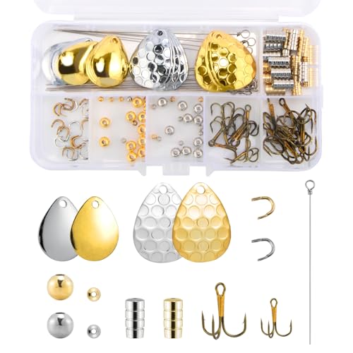 Dr.Fish 140 Pieces Spinner Making Kit Lure Making Supplies Colorado Spinner Blade Spinnerbait Parts Accessory Shaft Clevis Treble Hooks Spoon Fishing Bead Starter