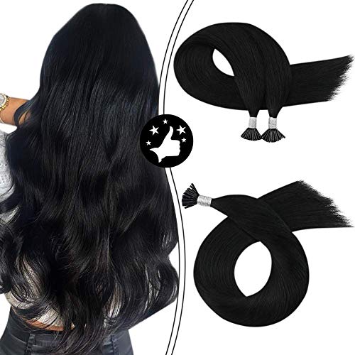 Moresoo I Tip Hair Extensions 16 Inch Human Hair Keratin Bond Hair Extensions Colored #1 Jet Black Keratin Bond Hair Extensions 100% Natural Hair Extensions 40g 50s