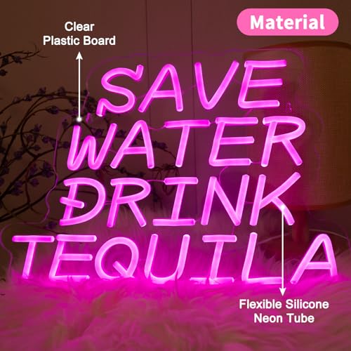 Image of Neon Sign, Save Water Drink Tequila LED Neon Light for Wall Decor, USB Neon Bar Sign for Party Club Restaurant, Bedroom Wall Decor 16.54 x 11.81 inch, Acrylic Material
