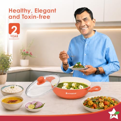 Image of Wonderchef Natura Ceramic Kadhai & Glass Lid for Cooking, 24cm, 2.5L, Non-Toxic Chemical-Free Coating, PFOA /PFAS-Free, for Kitchen, Scratch-Resistant, Gas & Induction Compatible, 2-Yr Warranty, Peach