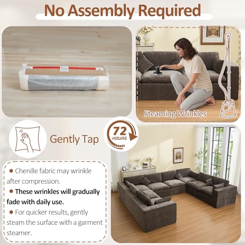 Image of 146''Cloud Boneless Sectional Couch, Modular Sectional Sofa Deep Seat, Oversized Upholstered Convertible Comfy 8 Seater Chenille Memory Foam Sofa U Shape Couches for Living Room, Brown