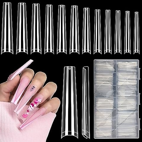 LIONVISON 3XL Clear NO C Curve Coffin Nail Tips for Acrylic Nails Professional, 504PCS Extra Long Tapered Square Nail Tips, 12 Sizes Straight Press On Gel Nail Tips for Nail Salons Home DIY Cover