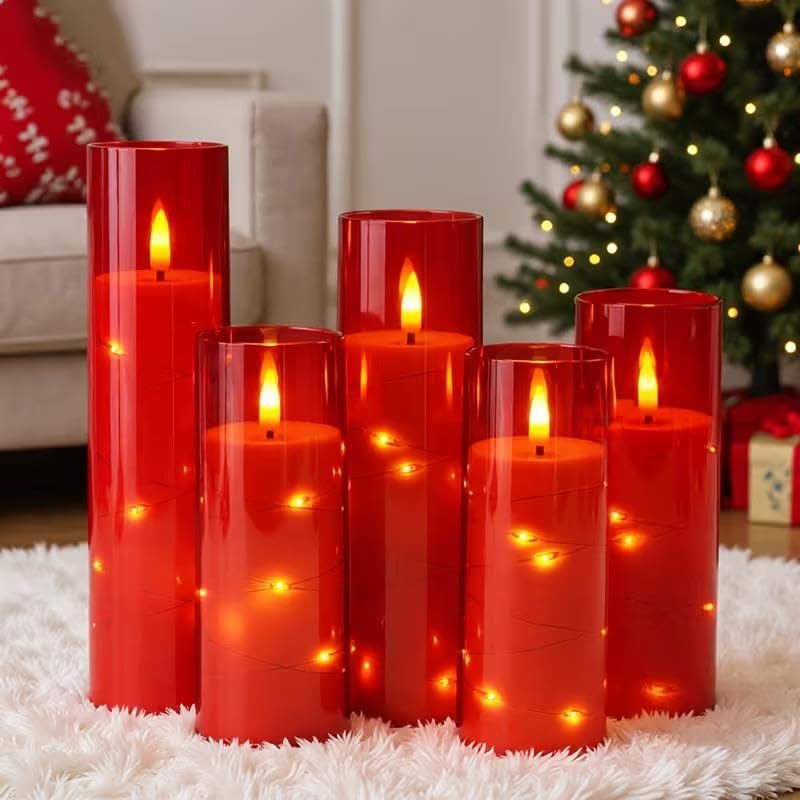 Image of Enido 10 Pc Flameless LED Candles with Remote & Timer, Battery Operated Acrylic Pillar Set, Flickering Electric Lights with Embedded Star String for Cozy Home & Holiday Romantic Decor (Red)