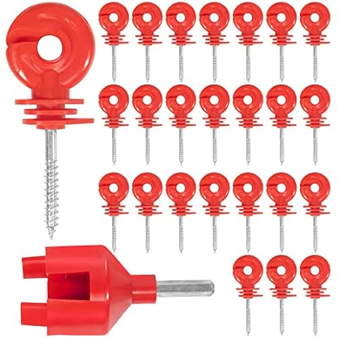 25 Pcs Upgrade Red Electric Fence Insulator Fence Ring Post Self-Tapping Insulator Labor-Saving Wood Post Insulator and 1 Pc Insulator Socket Tool Fit for Electric Drill (Red) Cover