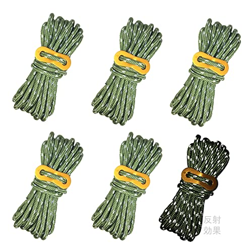 6本セット ロープ テントロープ 2本の反射材入り 長さ4m 径4mm パラコード ガイロープ タープロープ キャンプ 用紐 ガイライン アウトドア タープ テント 固定 テント ロープ 張り綱 アルミニウム自在金具 耐荷重250kg 多機能 (アーミーグリーン)