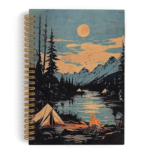 QLMX Vintage Camping Spiral Notebook, Nature Themed Adventure Journal Notebook, Camper Hiking Notebooks for School Work, Camping RV Office Supplies Gifts for Travelers Women Men, 5.5x8.3 Inch