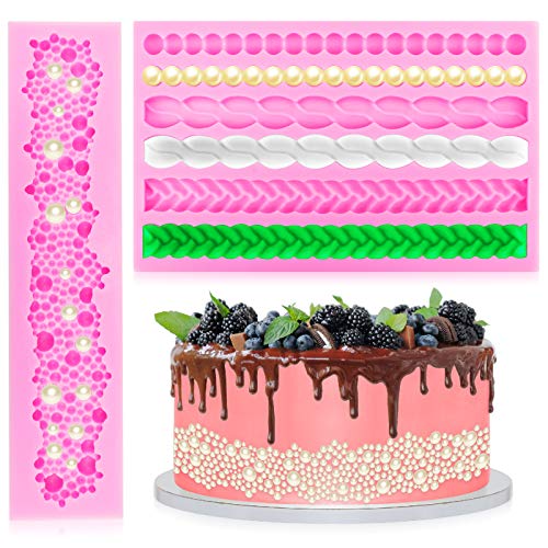 DOERDO 2 Pieces 3D Rope Mold Pearl Fondant Mold Round Pearls Chain Fondant Silicone Molds Cake Decoration Molds for Kitchen DIY Baking Tools