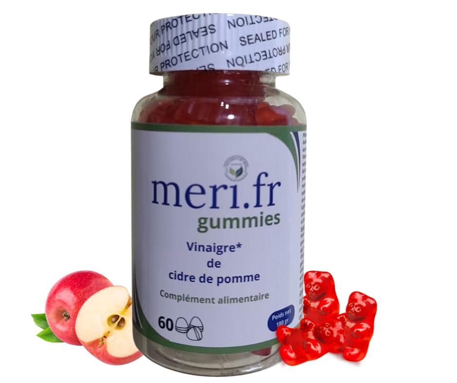 Gummies Vinaigre de Cidre de Pomme Meri.fr contre les Ballonnements, 60 Bonbons Gélifiés Digestifs