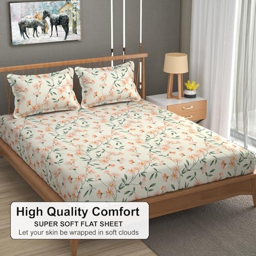 Image of FRESH FROM LOOM King Size Microfiber Floral Print Bedsheet - 240 TC, Hypoallergenic, Includes 2 Pillow Covers (Size- 90 x 95 Inch | Barely-Peach)