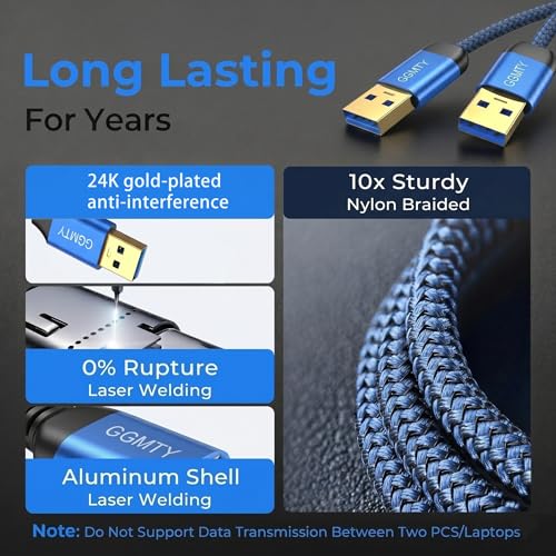 Image of USB to USB Cable 3FT(2 Package),Durable Braidedfor USB 3.0 Male to Male Type A to Type A Cable Data Transfer Compatible with Hard Drive, Laptop, DVD Player, TV, USB 3.0 Hub, Monitor, Camera