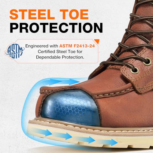 Image of NINGO Steel Toe Boots for Men, Non Slip Mens Moc Toe Boots with Water Resistant Full Grain Leather, EH Rated Oil Resistant Wedge Sole, Comfortable Safety Work Boot for Construction Industrial, Brown