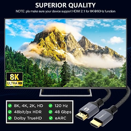 Image of PowerBear 8K HDMI 2.1 Cable 10 ft | 48Gbps High Speed 4K@120Hz Braided Cord 144Hz 8K@60Hz, eARC, Dynamic HDR 10,for Laptop, Monitor, PS5, PS4, Xbox One, Fire TV, Apple TV & More