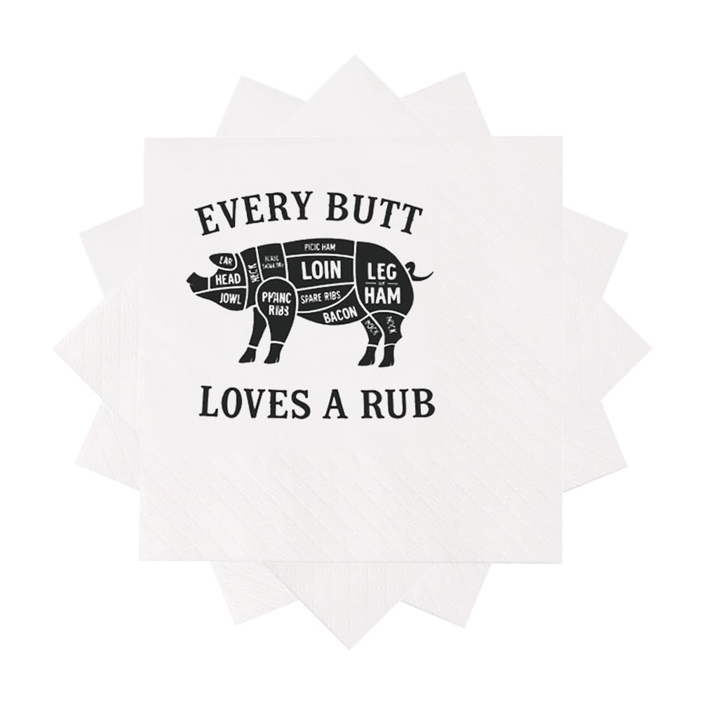 Every Butt Loves A Rub - Servilletas de cóctel con cita divertida para barbacoa, cumpleaños, comida, inauguración de la casa, picnic, festival, fiesta, 100 unidades, 4.5 x 4.5 pulgadas, 2 capas