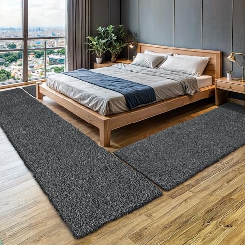 MY-RUG Bettumrandung Schlafzimmer 3teilig Teppich Grau - 2mal 140x70 und...